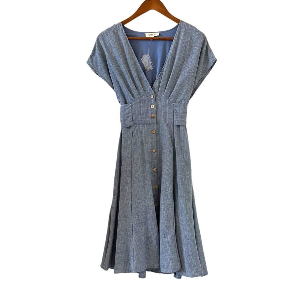 Fashion On Earth NEW Button Front Side Waist Tie Chambray Dress Size M